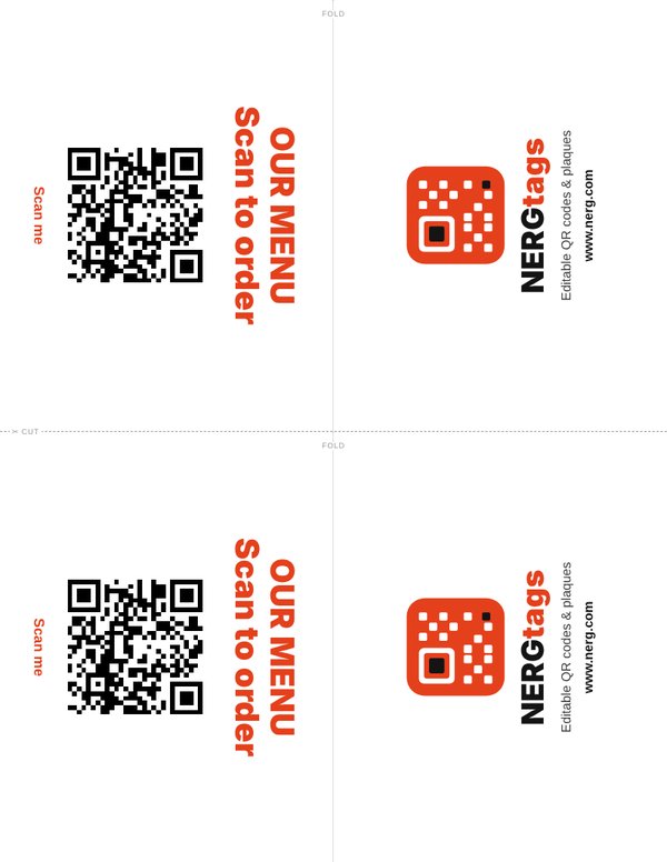 Printable US Letter sheet with 2 QR code table tents and cut and fold lines